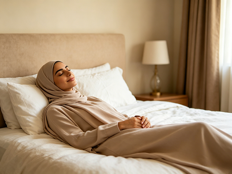 Saudi woman practicing progressive muscle relaxation in bed, eyes closed and calm