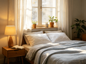 Cozy peaceful bedroom interior with warm lighting, ideal for better sleep